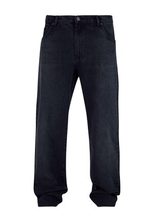 Mørkeblå denimjeans med rette ben. Har fem lommer, knapp- og glidelås-lukking, samt synlige sømdetaljer.