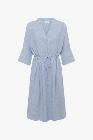 Blue and white striped dress with a V-neck, wide sleeves, and a drawstring waist. Made from lightweight fabric, featuring a relaxed fit.