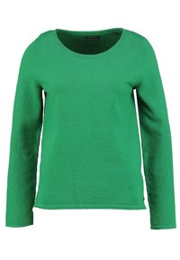 Maglione verde a maniche lunghe realizzato in morbido tessuto a maglia. Scollo rotondo e design minimalista senza motivi o accenti evidenti.