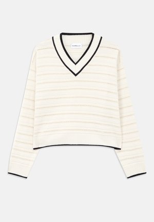 Cream knit sweater with horizontal eyelet stripes, V-neck collar, and black trim on neckline, cuffs, and hem.