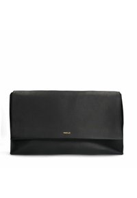 Schwarze Leder-Clutch mit glatter Textur, Überklapp-Design, goldfarbener Logo-Akzent und minimalistischem Format.