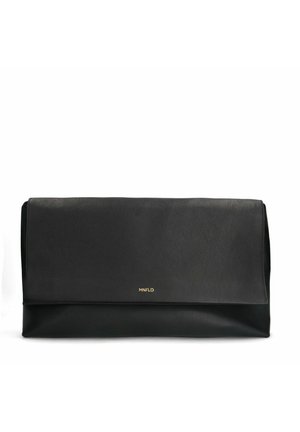 Black leather clutch bag with a smooth texture, fold-over design, gold logo accent, and minimalistic shape.