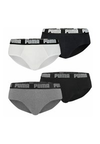 Vier Paar Herrenboxershorts: schwarz, weiß und grau, mit einem schwarzen elastischen Bund und weißem "PUMA"-Branding. Aus Baumwollmaterial, klassischer Schnitt.