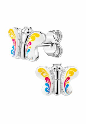 Orecchini a perno a forma di farfalla in argento con ali smaltate bianche che presentano motivi a spirale gialli, rosa e blu.