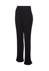 Schwarze gerippte weite Hosen mit hoher Taille und ausladendem Saum. Aus dehnbarem Material für Komfort und Passform hergestellt. Keine sichtbaren Verschlüsse.