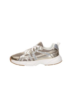 Metalen zilveren en beige mesh sneaker met witte veters en dikke witte zool, ontworpen voor casual of sportief gebruik.