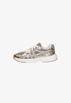 Metalen zilveren en beige mesh sneaker met witte veters en dikke witte zool, ontworpen voor casual of sportief gebruik.