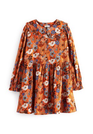 Orangenes Blumenkleid mit langen Ärmeln, Rüschensaum, knöpfbarem Vorderteil und gerafftem Rock. Merkmale sind blau-weiße Blumenmuster.