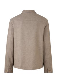 Lysebrun, tekstureret stofskjortejakke med krave, lange ærmer og knaplukning ved håndleddene. Simpelt design uden yderligere udsmykninger.
