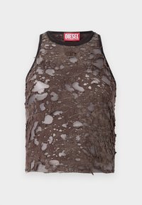 Braunes ärmelloses Oberteil mit einer abgenutzten, durchbrochenen Textur, versehen mit einem schwarzen Halsausschnitt und einem roten Diesel-Label am Kragen.