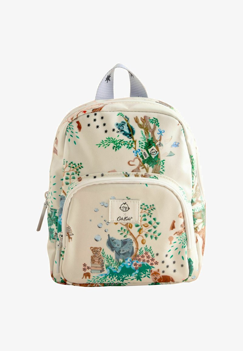Otroška kremna nahrbtnik z barvitimi ilustracijami živali in narave, ki vključujejo slona, koalo, lisico ter drevesa z listnatimi vejami.