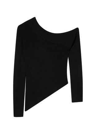Maglietta nera a costine con maniche lunghe, colletto e orlo asimmetrici che creano un design a spalle scoperte e angolato.