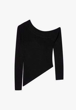 Maglietta nera a costine con maniche lunghe, colletto e orlo asimmetrici che creano un design a spalle scoperte e angolato.