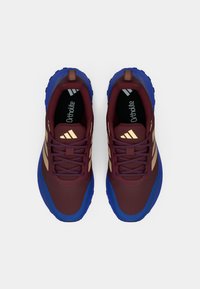 Lenkkitossut, joissa on viininpunainen päällinen, kultaiset korostukset ja sininen pohja. Niissä on teksturoitu muotoilu ja nauhoitusjärjestelmä sekä Ortholite-pohjallinen.