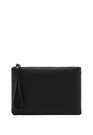 Pochette tissée noire en matériau texturé. Elle dispose d'une fermeture éclair et d'une sangle pour le poignet pour un transport pratique. Forme rectangulaire.