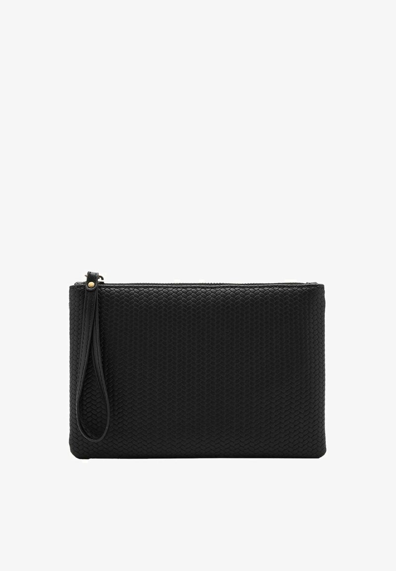 Pochette tissée noire en matériau texturé. Elle dispose d'une fermeture éclair et d'une sangle pour le poignet pour un transport pratique. Forme rectangulaire.