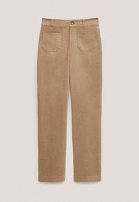Ljust bruna kordbyxor med rak bendesign, som har två bakfickor och en framknappsstängning. Mjuk textur och slät finish.