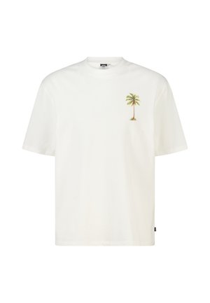 Weißes T-Shirt mit kurzen Ärmeln und einem kleinen grünen Palmenmotiv auf der linken Brustseite.