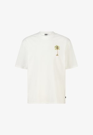 Wit T-shirt met korte mouwen met een kleine groene palmboomafbeelding op de linkerborst.