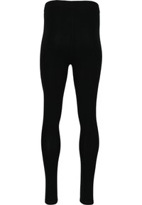 Schwarze Leggings aus dehnbarem Material, mit tailliertem Schnitt und nahtloser Verarbeitung, geeignet für verschiedene Aktivitäten.
