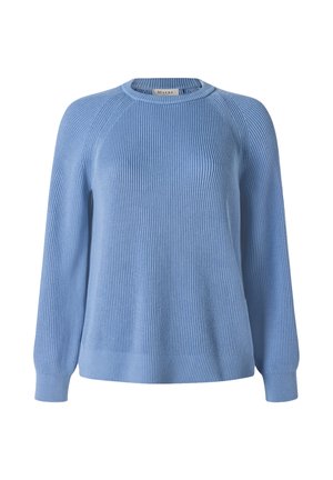 Jasnoniebieski prążkowany sweter dzianinowy z długimi rękawami i okrągłym dekoltem, prezentowany na białym tle.