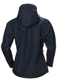 Navy blue waterproof jacket featuring a fitted design, adjustable hood, and textured fabric. Back view shows smooth seams and no visible fasteners.