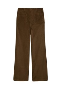 Pantalons larges en velours côtelé marron avec une texture lisse, une taille avec passants de ceinture et deux poches arrière.