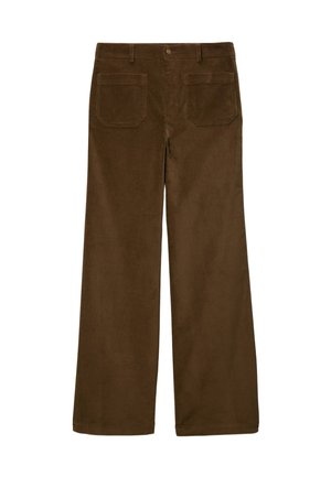 Pantalons larges en velours côtelé marron avec une texture lisse, une taille avec passants de ceinture et deux poches arrière.