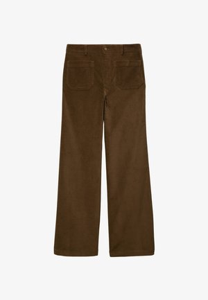 Pantalons larges en velours côtelé marron avec une texture lisse, une taille avec passants de ceinture et deux poches arrière.