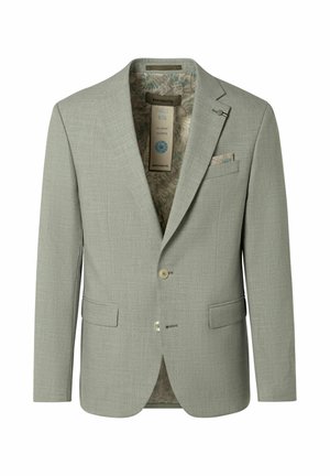 Lichtgrijze herenen blazer met twee voorste knopen, inkeping revers, klepzakken en een binnenvoering met een bloemmotief, inclusief een klein pochet in de borstzak.