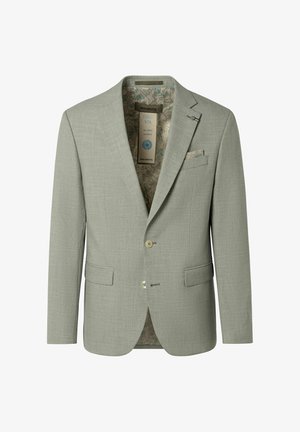 Hellgrauer Herrenblazer mit zwei vorderen Knöpfen, abgestuften Revers, Pattentaschen und einer innen mit Blumenmuster versehenen Auskleidung sowie einem kleinen Einstecktuch auf der Brust.