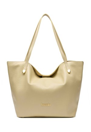 Borsa tote in pelle beige testurizzata con lunghe tracolle e logo dorato "braccialini" al centro davanti.