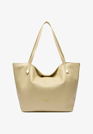 Borsa tote in pelle beige testurizzata con lunghe tracolle e logo dorato "braccialini" al centro davanti.