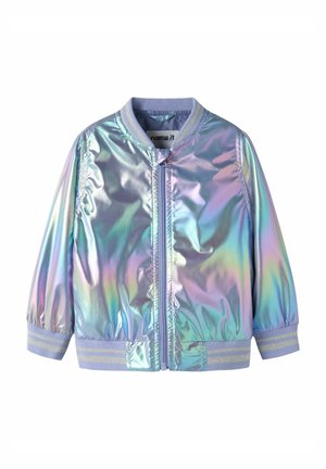 Laste läikiv helkiv bomberjakk eest lukuga, helelilla soonikkoega krae, varrukaotsad ja alumine äär hõbedaste triipudega.