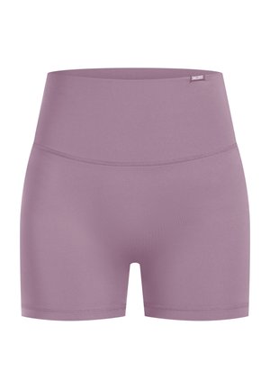 Helle lilafarbene High-Waist-Shorts aus glattem, dehnbarem Stoff. Sie verfügen über einen breiten Bund und saubere Kanten, die für Komfort und Flexibilität sorgen.