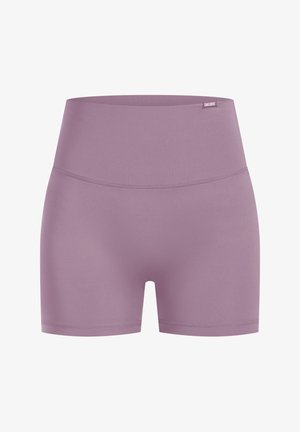 Helle lilafarbene High-Waist-Shorts aus glattem, dehnbarem Stoff. Sie verfügen über einen breiten Bund und saubere Kanten, die für Komfort und Flexibilität sorgen.
