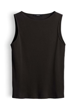 Débardeur noir côtelé sans manches avec encolure ronde et étiquette de marque au col, présenté sur fond blanc.