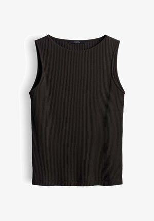 Débardeur noir côtelé sans manches avec encolure ronde et étiquette de marque au col, présenté sur fond blanc.