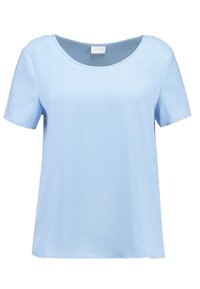 T-shirt bleu clair à manches courtes en tissu lisse, avec un col rond et une coupe décontractée. Design minimaliste sans motifs.