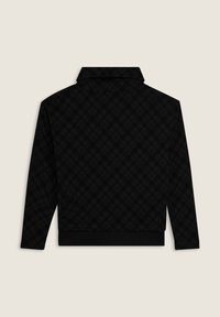 Maglione nero con collo alto, caratterizzato da un motivo geometrico strutturato, maniche lunghe e orlo aderente. Finitura del tessuto liscia.