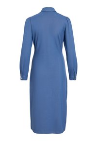 Robe bleue à manches longues, longueur genou, avec un col et des poignets boutonnés, vue de dos sur fond blanc.