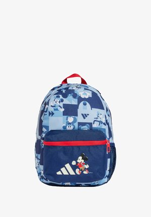Mochila con un patrón azul y azul claro que presenta personajes de Disney. Acentos rojos en el zipper y el asa superior. Bolsillo frontal con el logo.