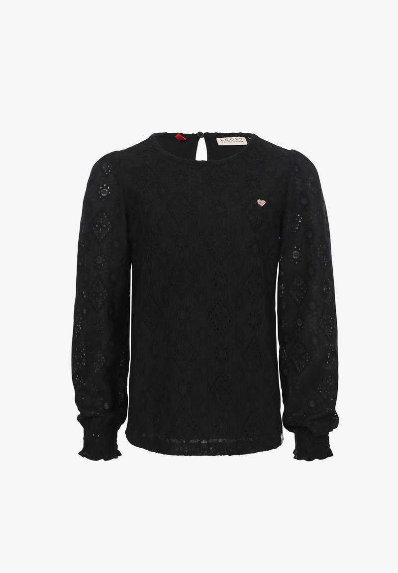 Zwarte blouse met lange mouwen van een getextureerde kantstof met ruitpatronen, een ronde halslijn en een kleine hartaccessoire op de borst.