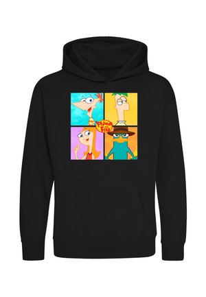 Czarna bluza z kapturem z kolorowymi kwadratami z kreskówkami przedstawiającymi cztery postacie z animowanego serialu Phineas i Ferb.