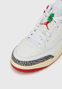 Bijele kožne tenisice s akcentima sive slonove kože, crvenim gumom potplatom i zelenim kopčama za vezice. Imaju crveni Jumpman logo na jeziku.