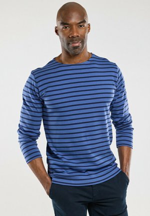 Chemise bleu à manches longues avec des rayures horizontales bleu foncé, en mélange de coton, dotée d'un col rond et de manches ajustées.