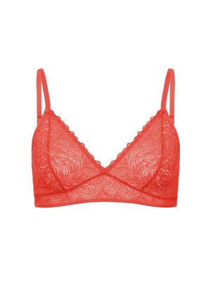 Red lace bralette with floral patterns, adjustable thin shoulder straps, and a scalloped edge along the neckline.
