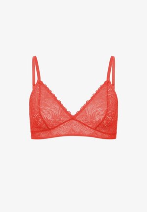 Red lace bralette with floral patterns, adjustable thin shoulder straps, and a scalloped edge along the neckline.