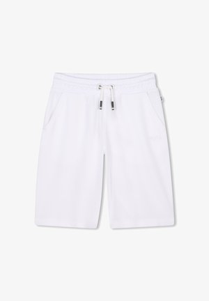 Shorts de sport blancs en tissu texturé, avec une taille élastique, un cordon ajustable et deux poches latérales. Logo de la marque sur le devant.