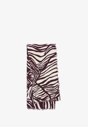 Szal w zebrę w kolorze kremowym i ciemnym burgundzie, teksturowana tkanina z postrzępionymi brzegami, z falistymi paskami na całej powierzchni.